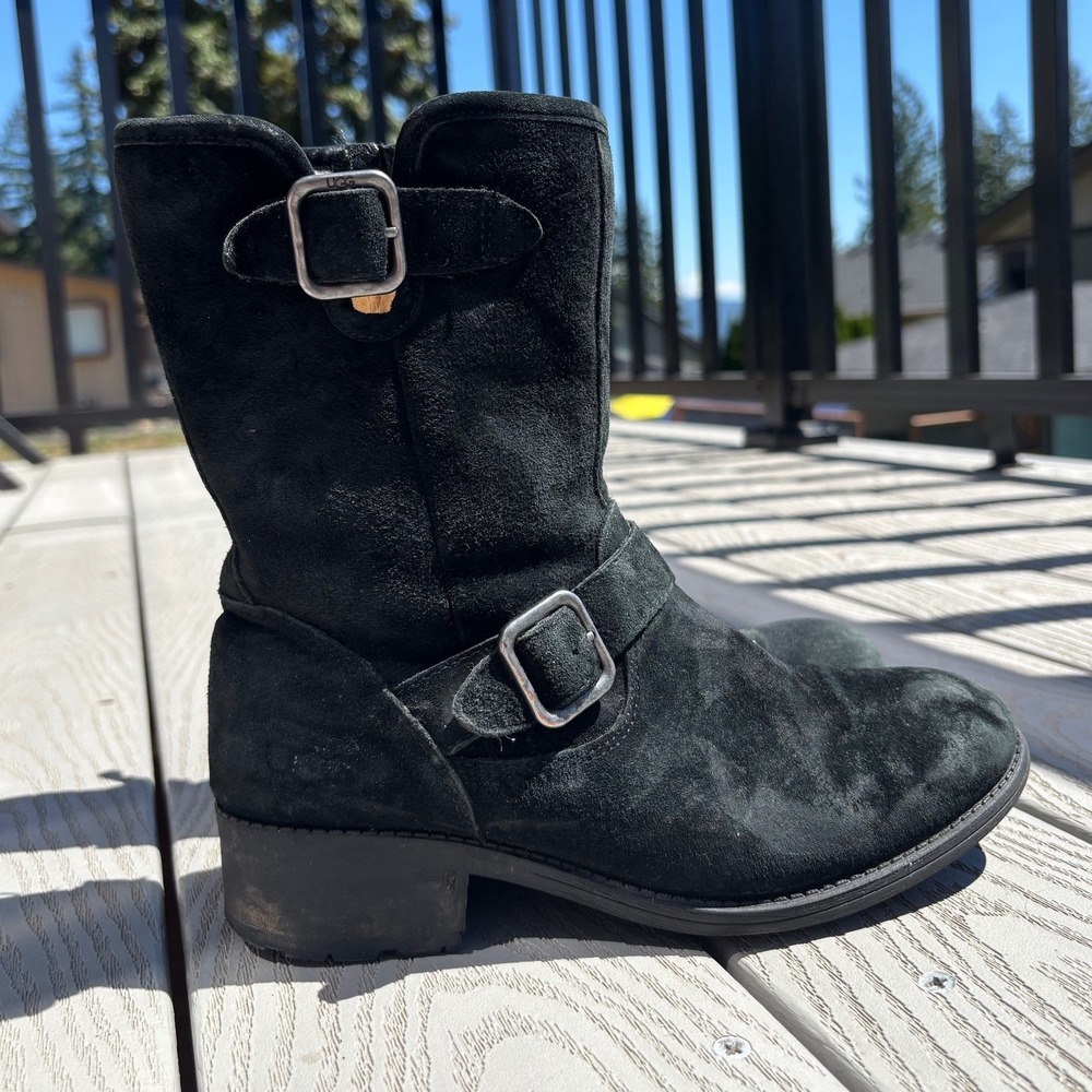 UGG Chaney Suede Moto‎ Boots Side Zip Buckles Sherpa Lined Black Women's Size 6